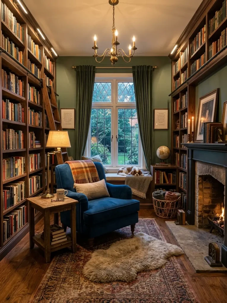 Former dining room transformed into a cozy library with bookshelves, armchairs, and warm lighting.