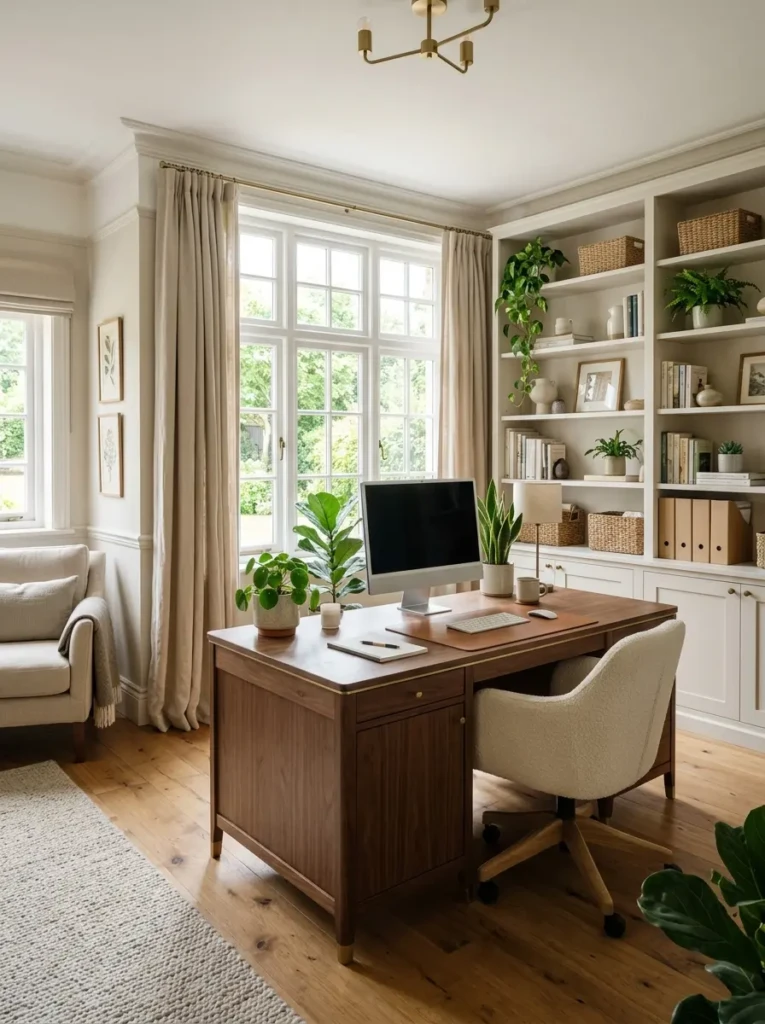 Bright home office with natural light, stylish desk, and organized storage in a converted dining room.