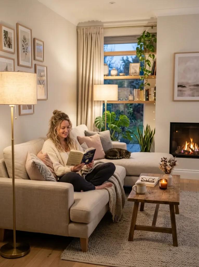 Homeowner relaxing in a warm cozy modern living room with soft ambient lighting.