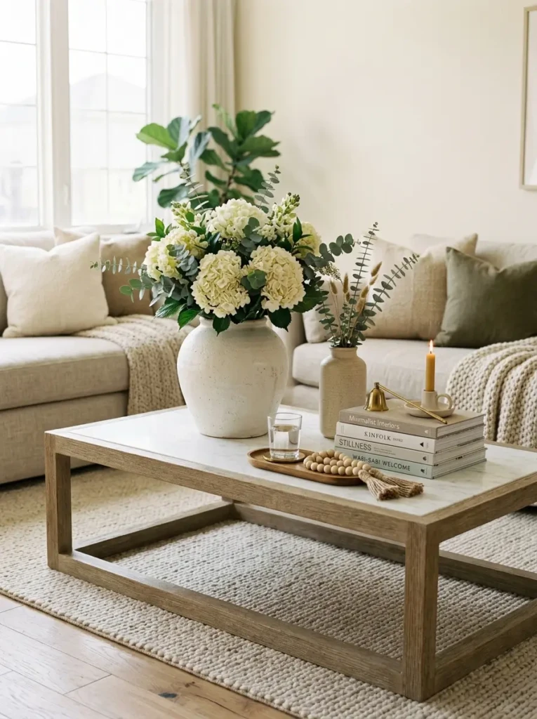 Hydrangeas and eucalyptus in textured vases on elegant coffee table
