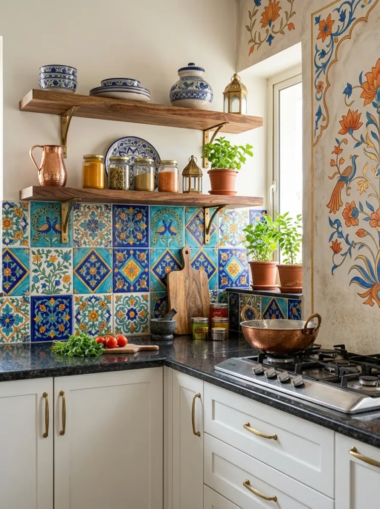 Indian kitchen backsplash with colorful patterned tiles, wooden shelves, brass accents, and white cabinets.