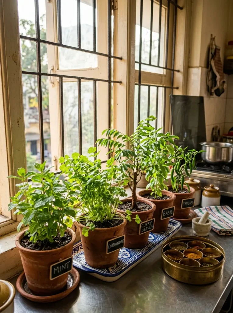 Indian kitchen window with terracotta pots of mint, coriander, curry leaves, basil, and green chilies in sunlight.