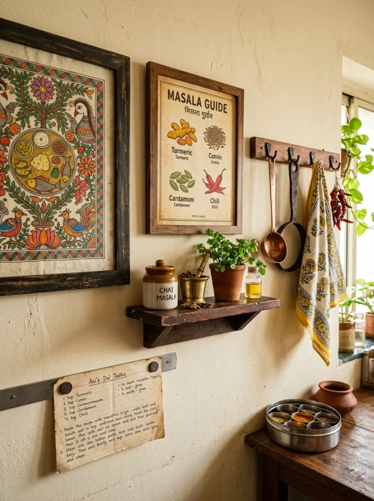 Indian kitchen wall with framed Madhubani food art, vintage spice poster, handwritten recipe card, hooks, and a small shelf.