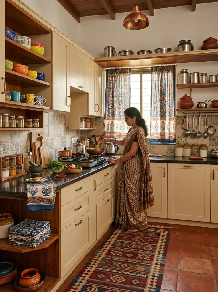 Indian kitchen with block-print curtains, patterned runner rug, printed napkins, neutral cabinets, and wooden accents.