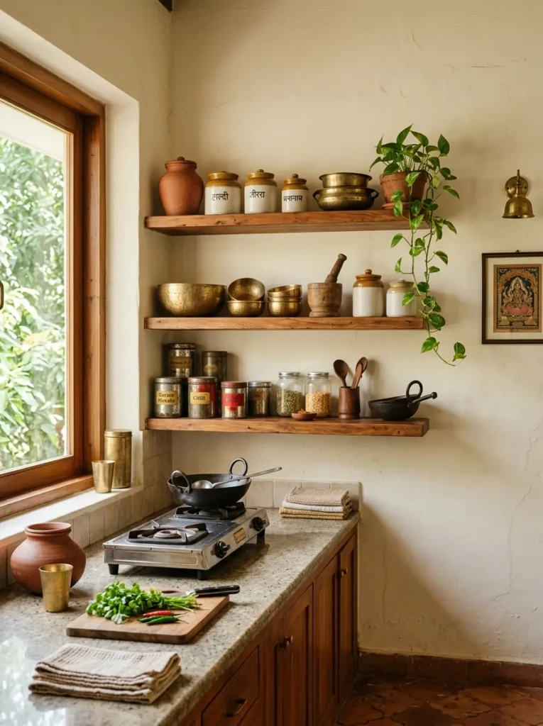 Indian kitchen with open wooden shelves displaying brass bowls, ceramic jars, spice tins, and a small trailing plant.