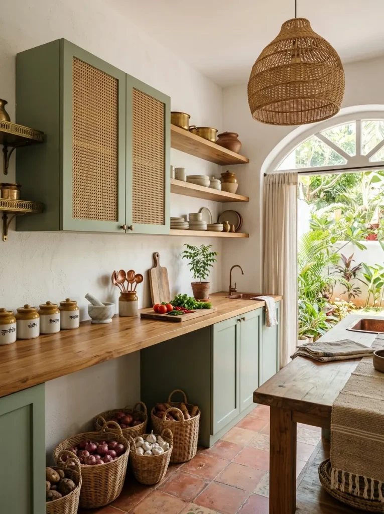 Indian kitchen with cane cabinet shutters, rattan baskets, woven pendant light, sage green cabinets, and white walls.