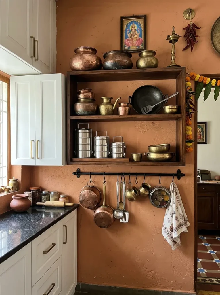 Indian kitchen wall displaying copper pots, brass lotas, iron kadai, and steel tiffins on shelves and a wall rail.