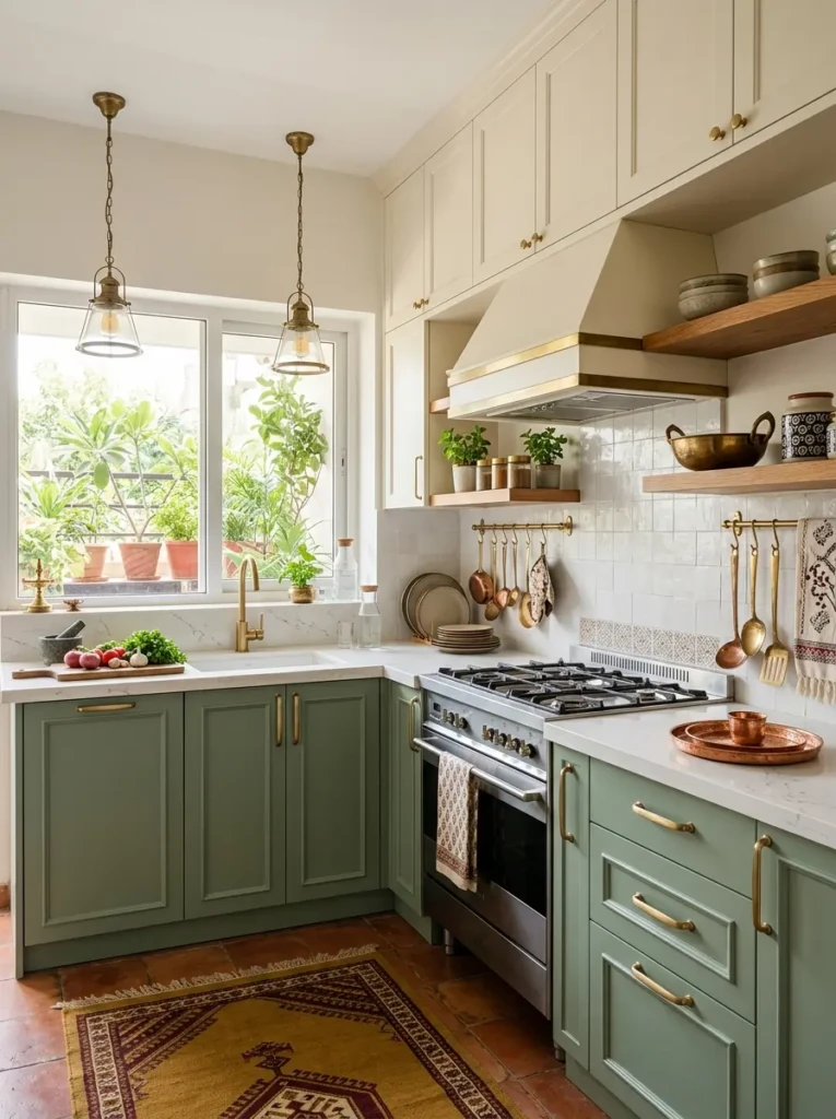 Stylish Indian kitchen with sage green lower cabinets, ivory upper cabinets, brass handles, white countertop, and wooden shelves.