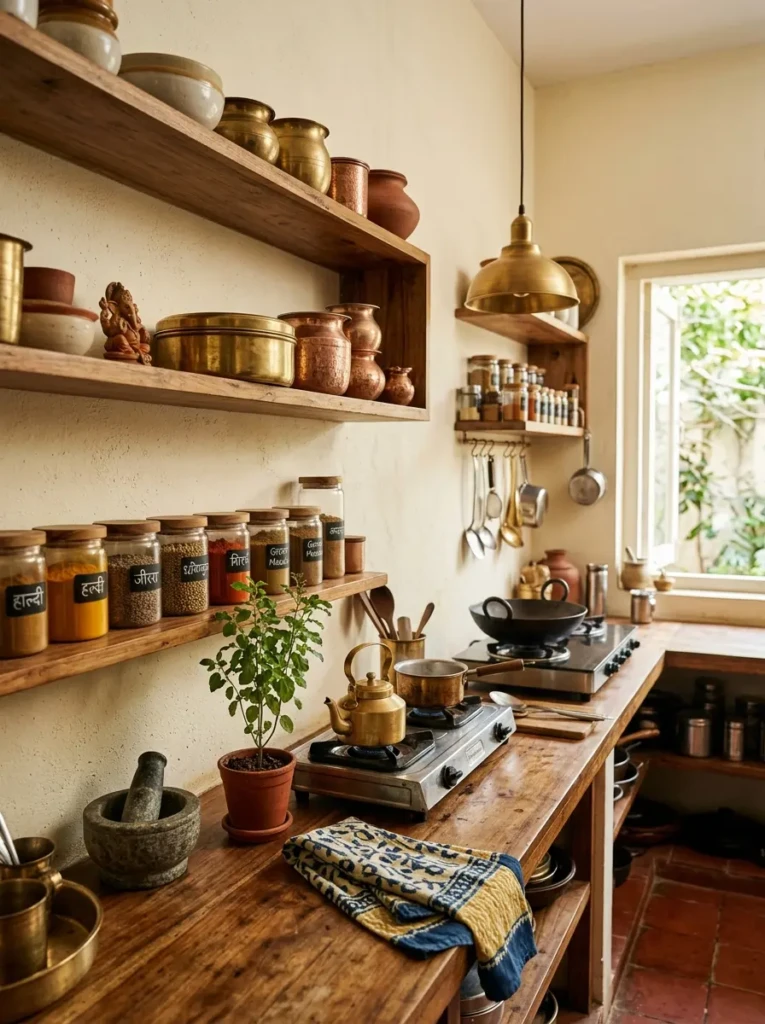 Cozy Indian kitchen with warm lighting, styled masala jars, herb plant, brass accents, wooden shelves, and inviting decor.
