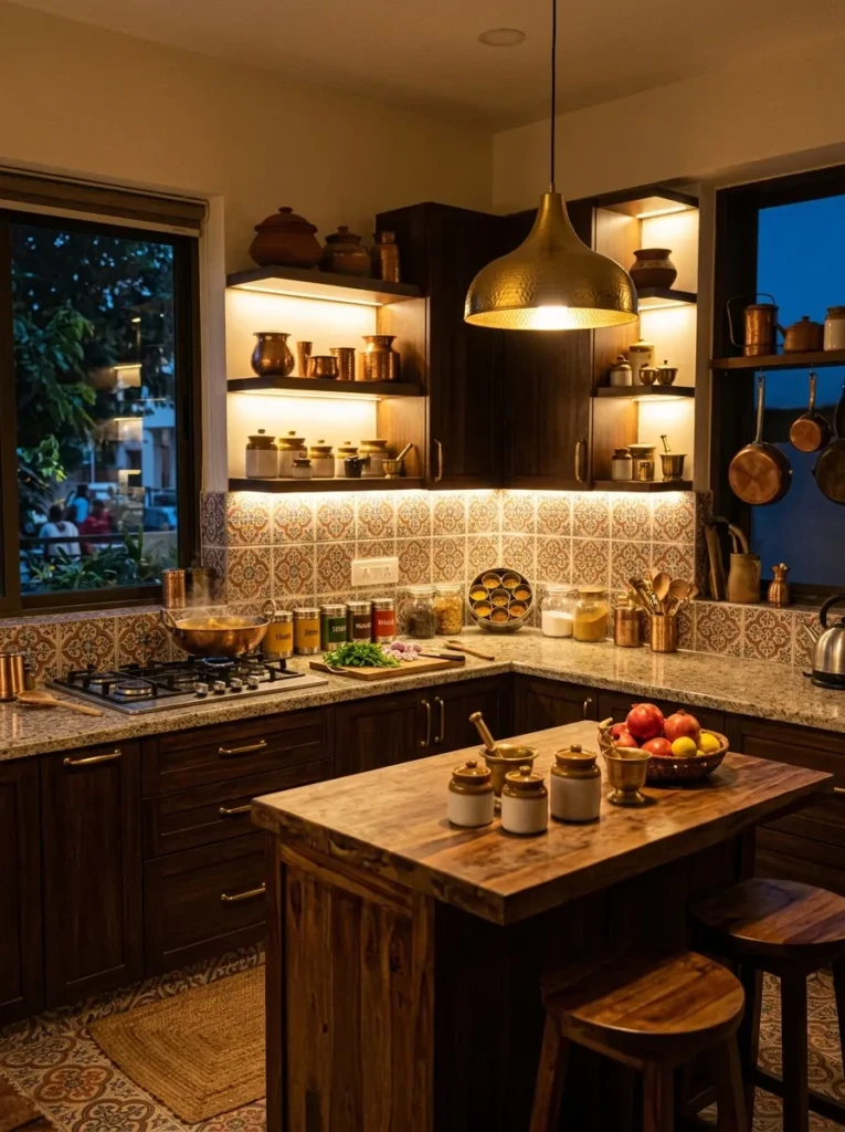 Indian kitchen with warm under-cabinet lighting, pendant lamp, glowing shelves, brass accents, and soft evening ambience.