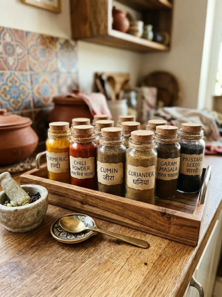 Organized masala corner with glass spice jars filled with turmeric, chili powder, cumin, coriander, and garam masala.