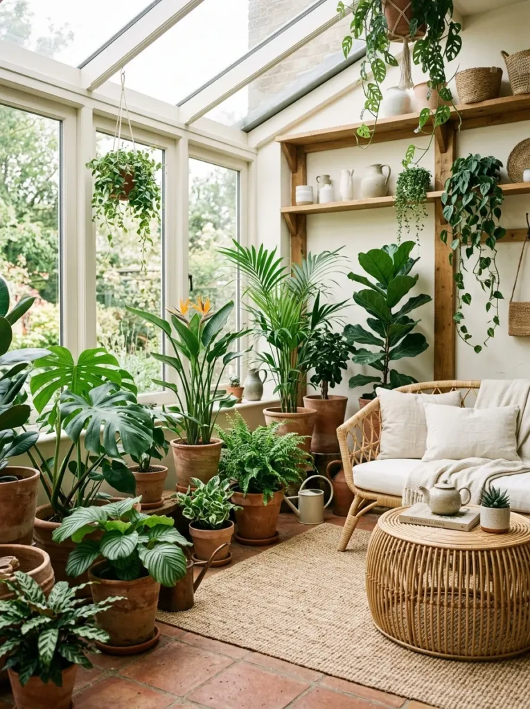 Lush indoor garden room filled with greenery, woven textures, and natural sunlight.