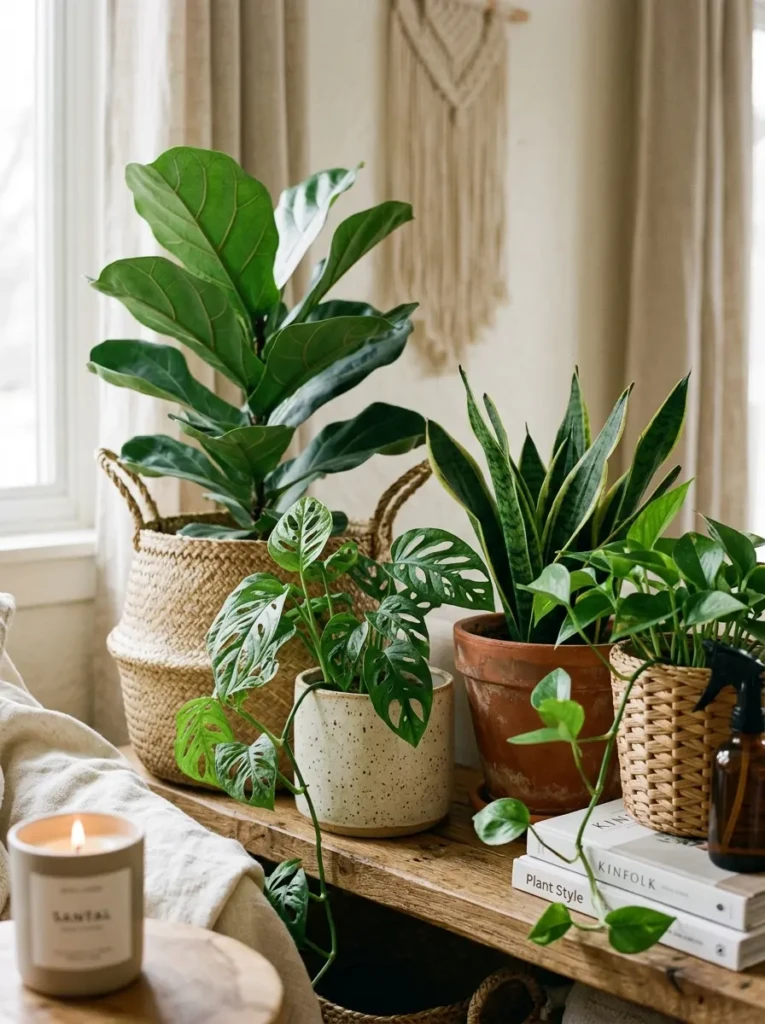 Indoor plants in woven baskets and ceramic pots inside cozy apartment