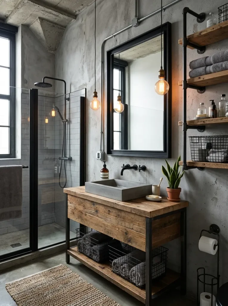 Industrial bathroom with concrete walls, matte black fixtures, wood vanity, pipe shelves, Edison bulbs, metal baskets, and textured rug.