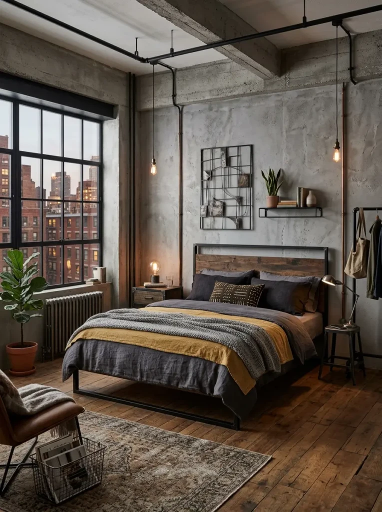 A modern industrial bedroom with grey concrete walls, black metal fixtures, wooden elements, and warm lighting for a cozy yet edgy feel.