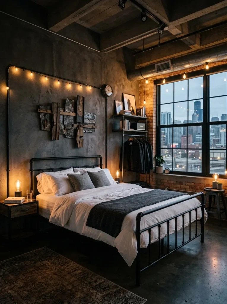 Bedroom with dark grey walls black metal bed frame and white bedding creating an edgy industrial style