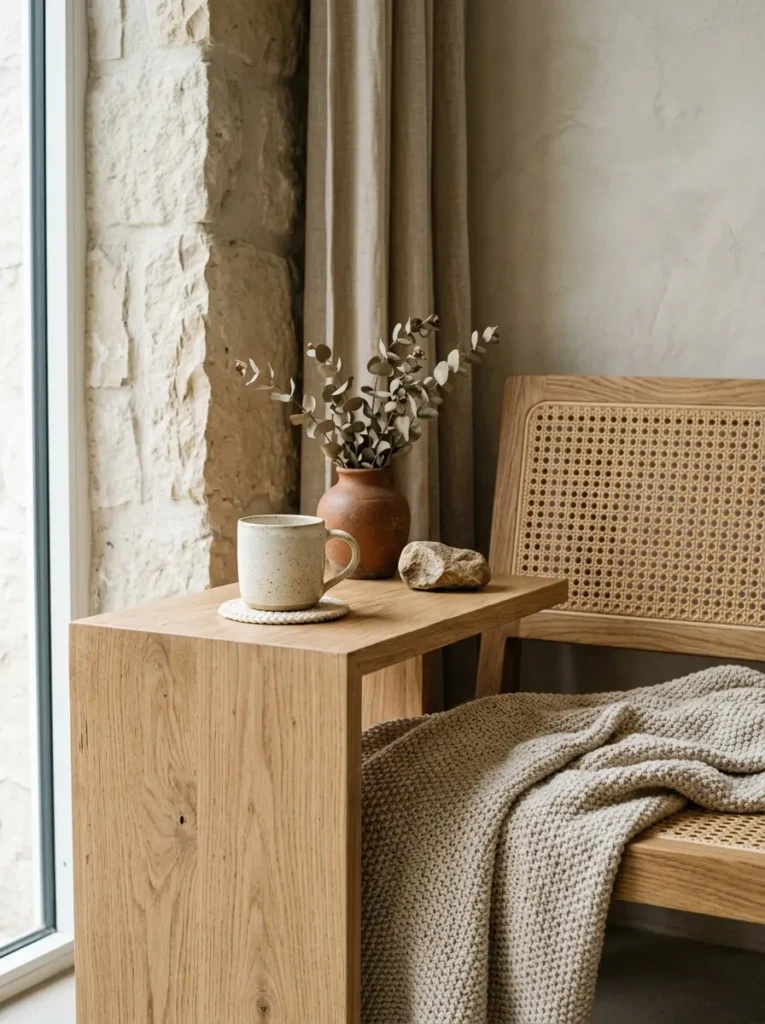 Close-up of oak wood, cotton fabric, stone surfaces, and cane accents in minimalist interior styling.