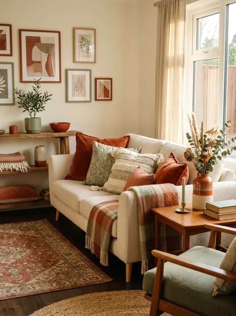 Cushions and decor in rust, sage, and cream tones arranged in a warm bohemian setting.