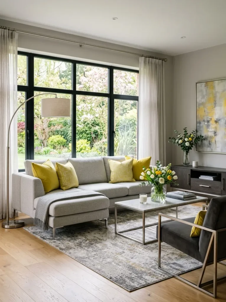 Stylish room with gray upholstery, sleek furniture, and lemon-colored accents