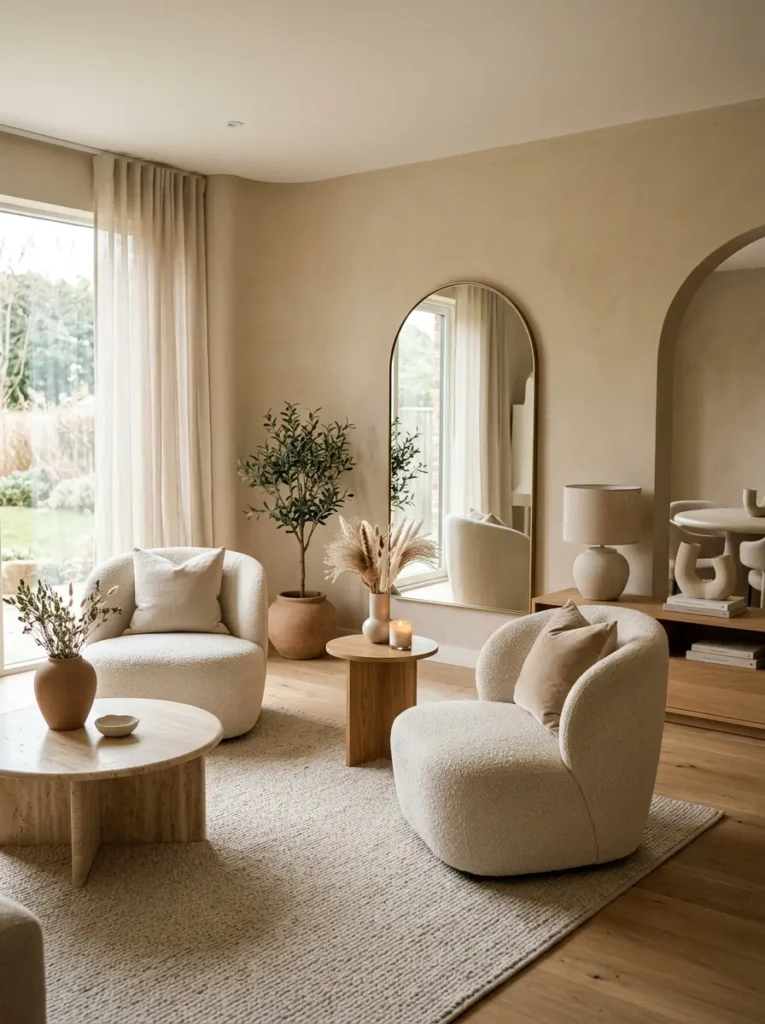 Modern living room with arched mirrors and curved accent chairs in neutral tones.