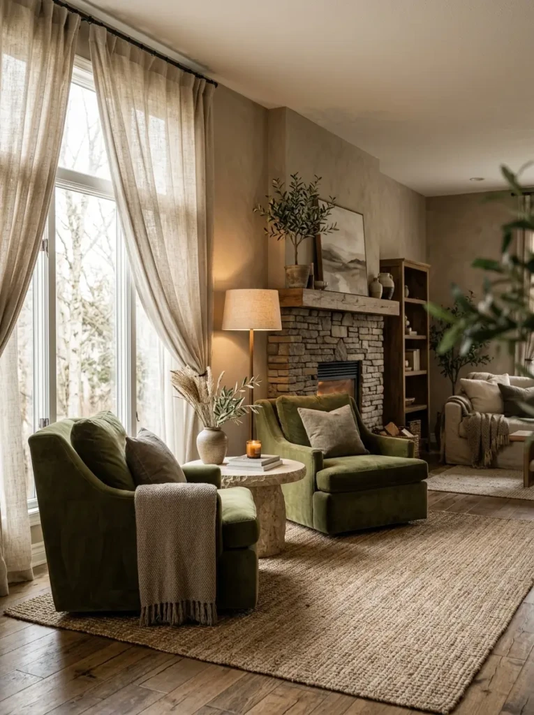 Taupe interior with olive velvet chairs, linen curtains, and soft lighting