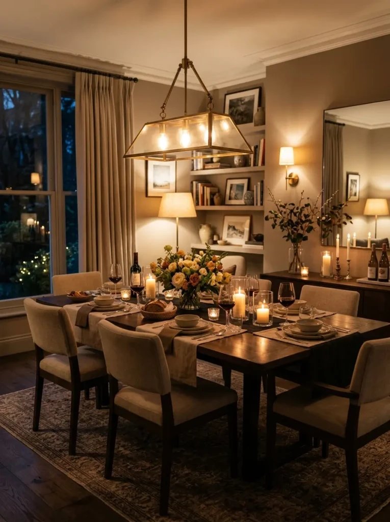 Warm inviting dining room with glowing table light and elegant cozy decor