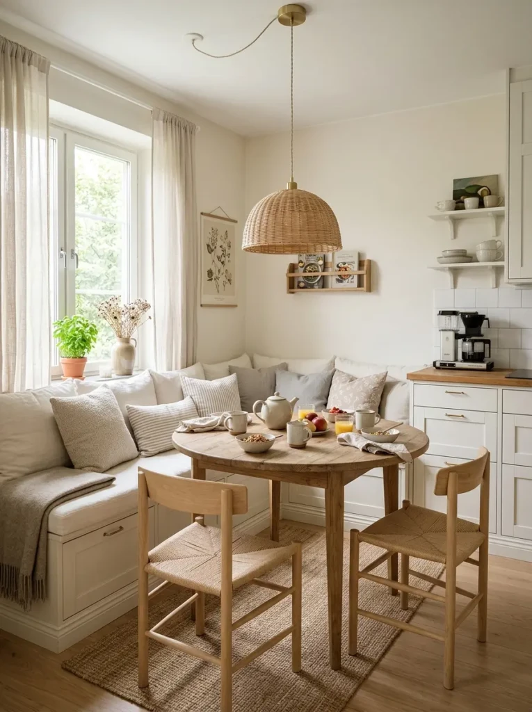 Tiny kitchen breakfast nook with built-in bench seating, pendant light, and airy neutral decor.