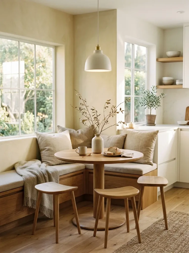 Minimalistic kitchen breakfast nook with wooden stools, round table, linen cushions, pendant light, and branch vase.