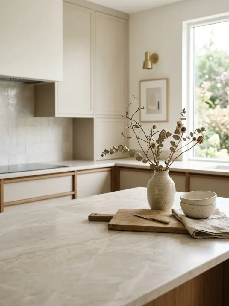 Uncluttered kitchen counter with airy neutral modern decor