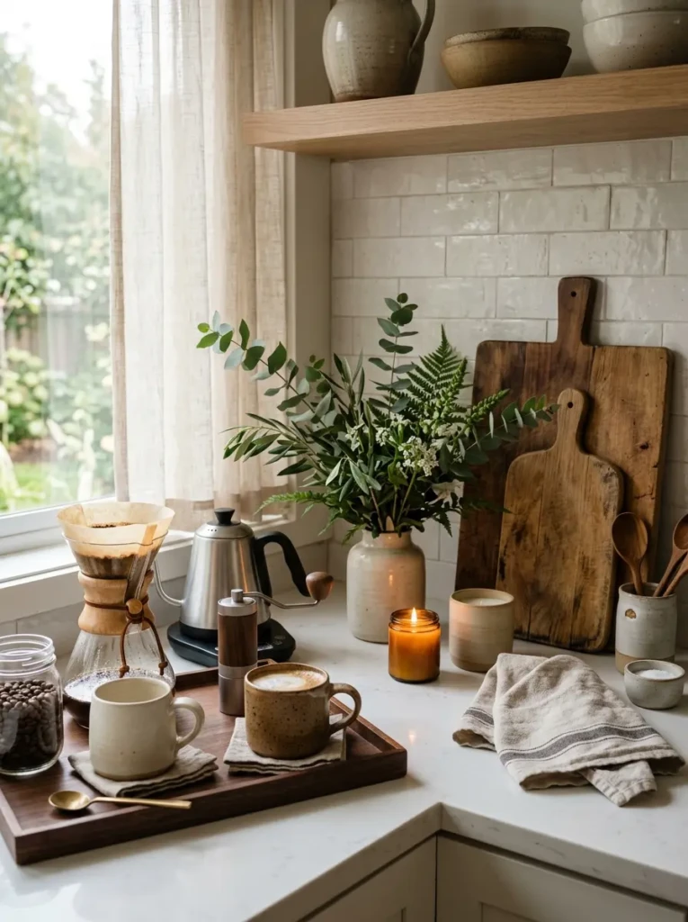 Cozy kitchen countertop decor with coffee station, greenery, and warm lighting