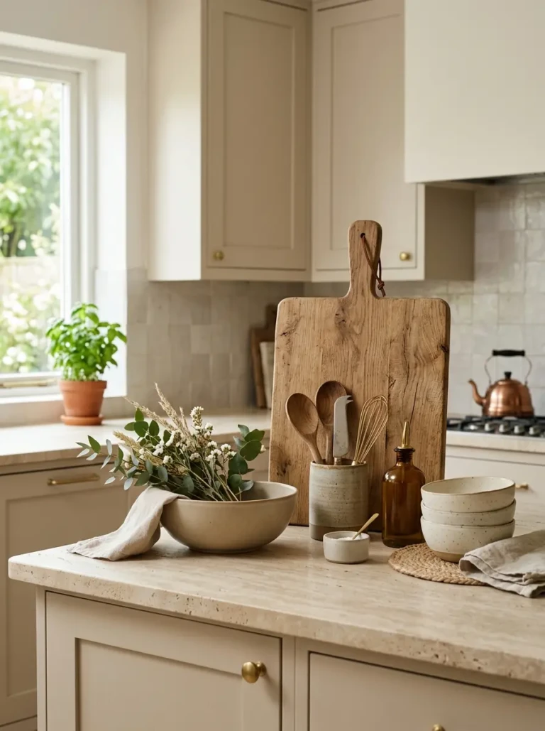 Airy kitchen with neutral countertop decor, natural wood accents, and soft lighting