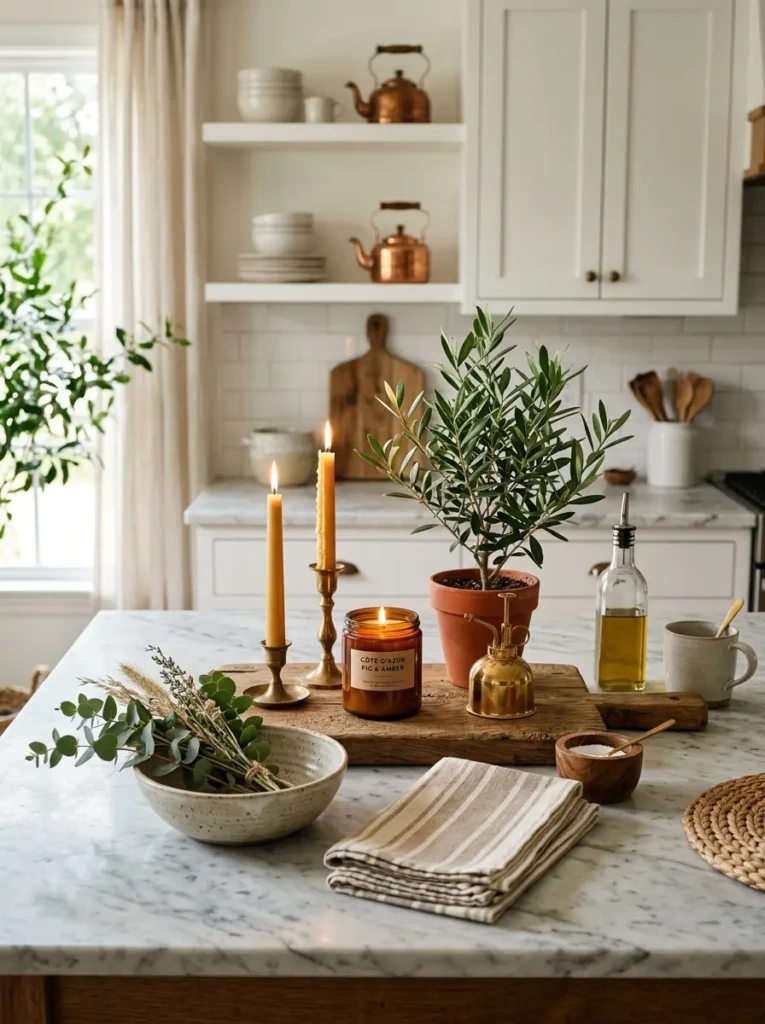 Stylish kitchen countertop with candles greenery wood textures and marble surfaces
