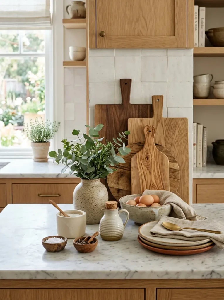 Kitchen countertop styled with mixed wood tones, marble surfaces, and textured ceramics