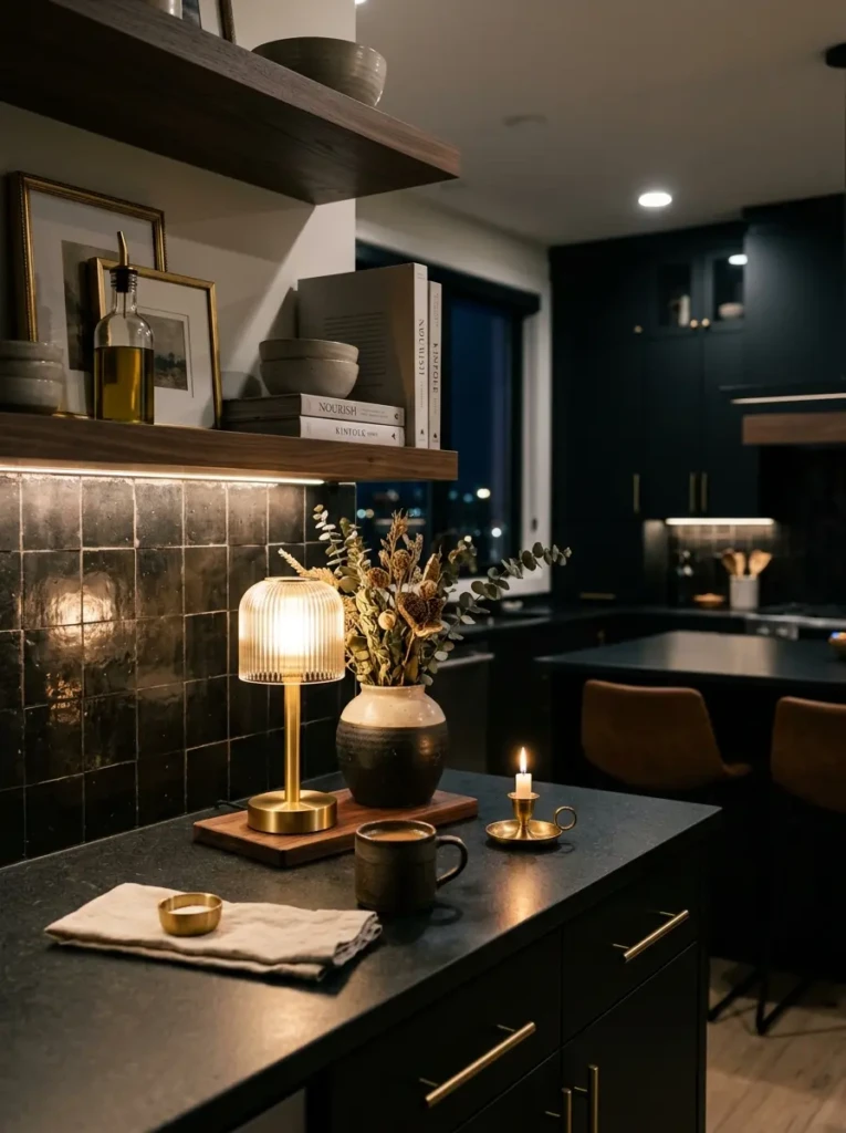 Countertop lamp with brass accents and warm lighting in stylish modern kitchen