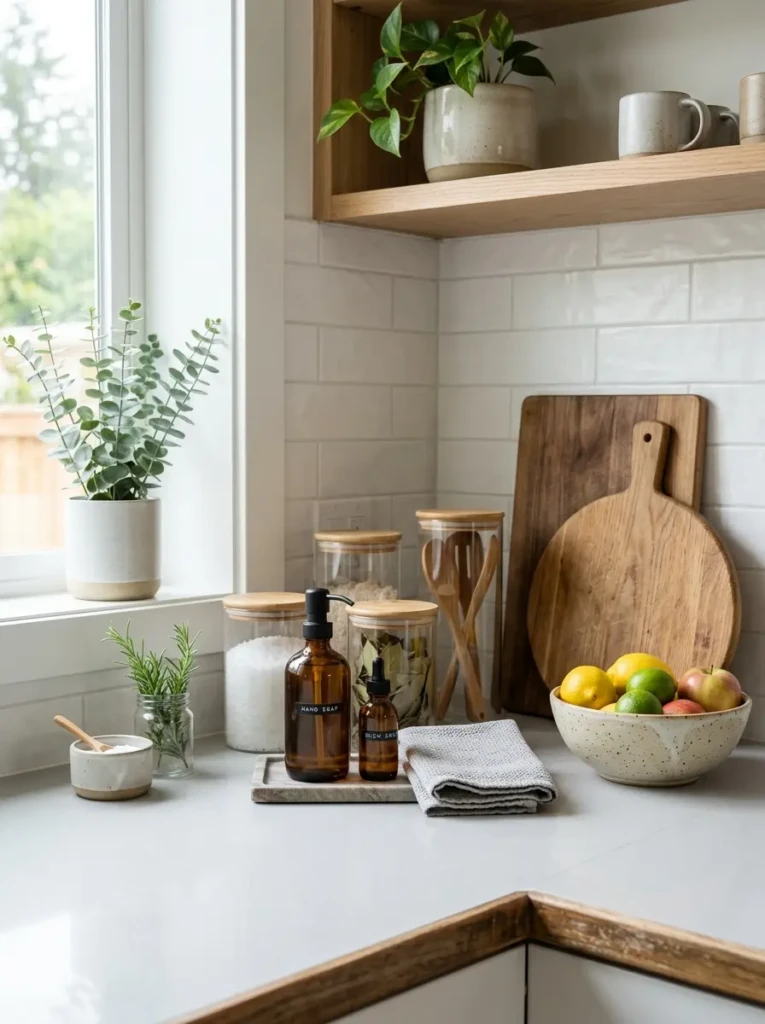 Minimalistic kitchen countertop styled with wooden boards, ceramic fruit bowl, glass jars, and linen towel.