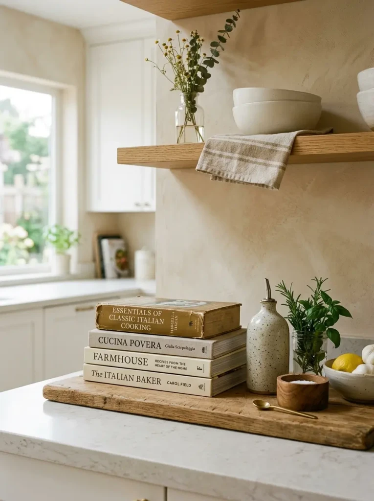 Italian recipe books and neutral decor accessories styled on elegant kitchen counter
