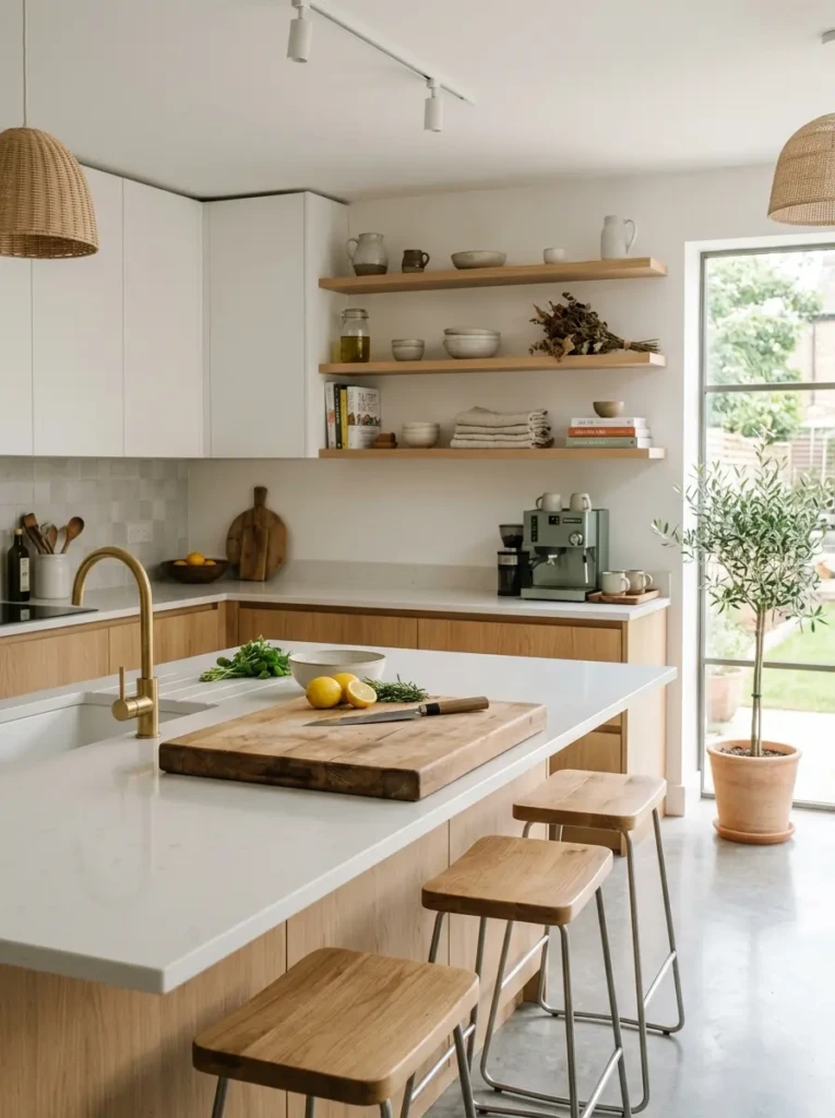 Modern uncluttered kitchen with balanced countertop styling and open prep space