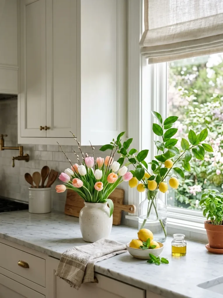 Minimal spring kitchen decor with tulips and lemon branches on counters.