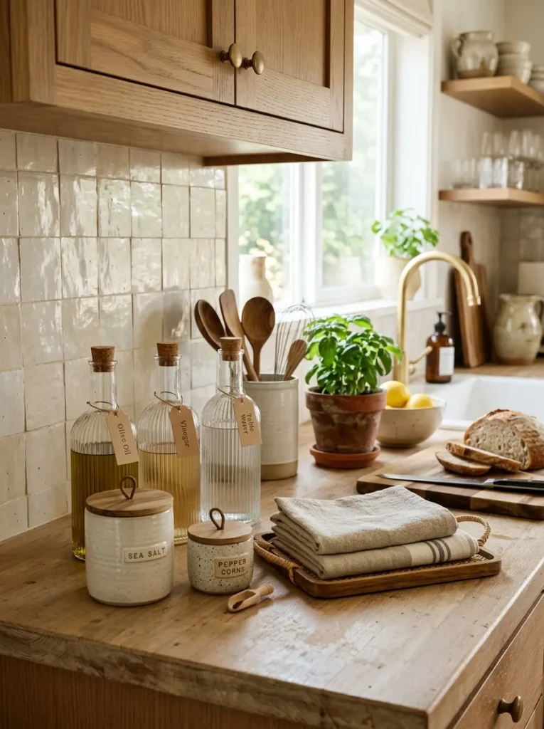 Ribbed glass bottles linen towels and ceramic jars decorating organized kitchen countertop