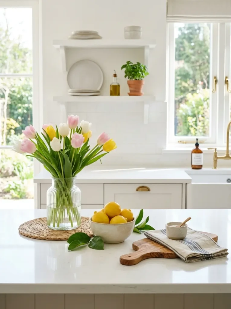 Fresh tulips woven textures and lemons decorating airy elegant kitchen countertop