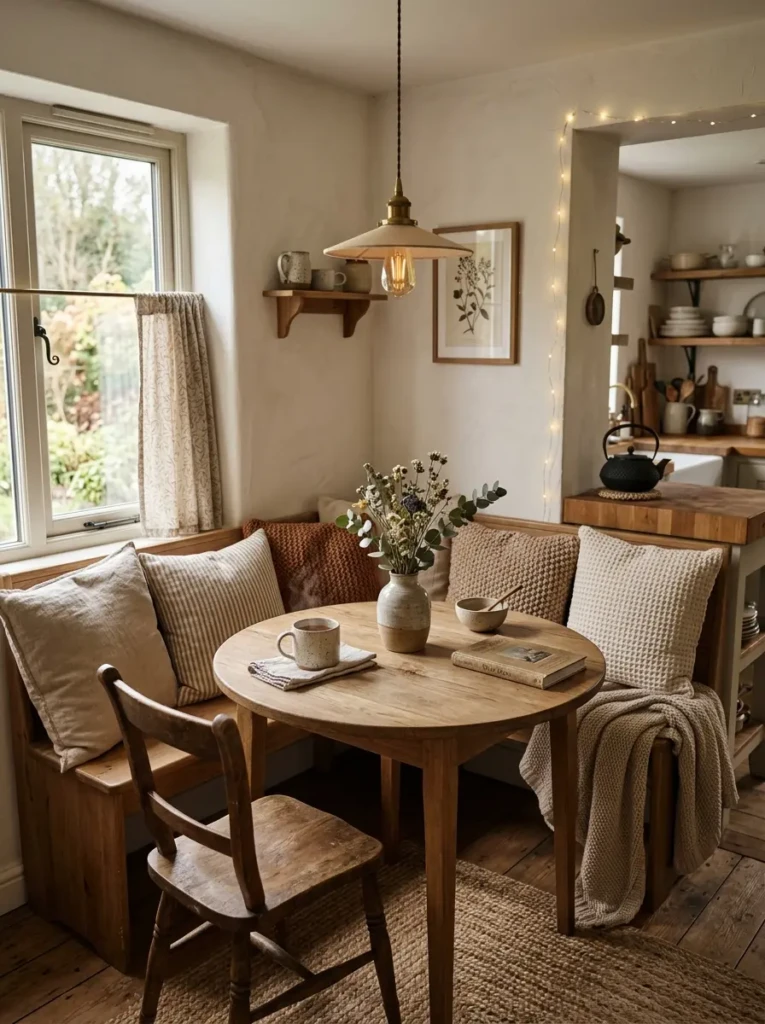 Compact kitchen nook with textured cushions, round table, and warm neutral decor