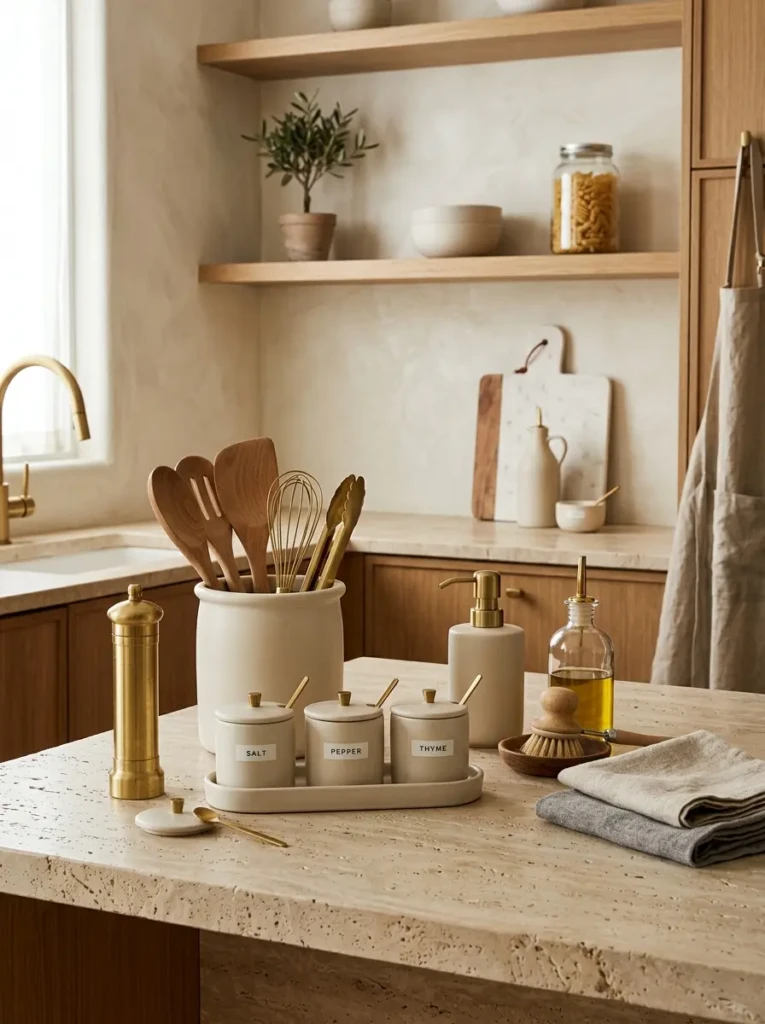 Neutral kitchen containers with brass accents and stone textures on cozy countertop