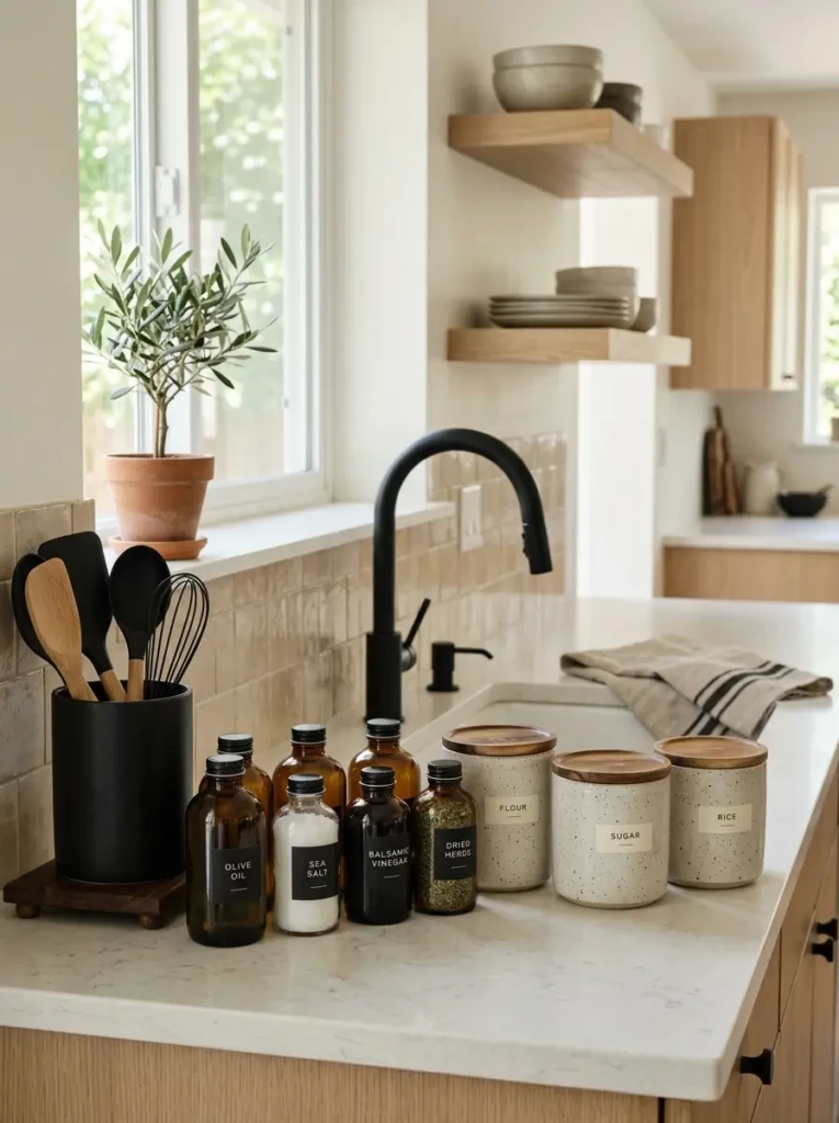 Minimal glass and ceramic jars organizing kitchen essentials beautifully.