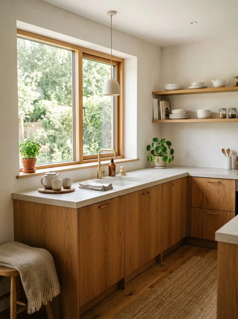 Beautiful minimalistic kitchen with organized counters, warm wood details, neutral colors, and soft natural light.