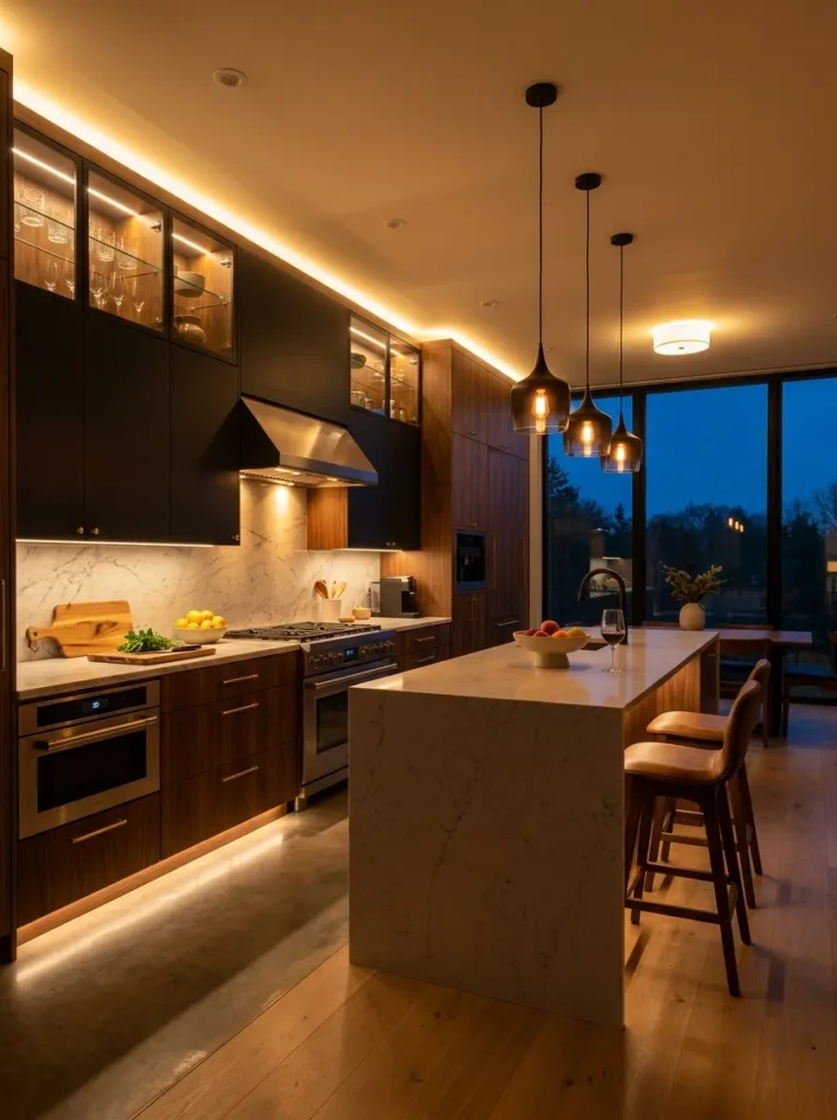 Modern kitchen showcasing multiple lighting layers for beauty and functionality.