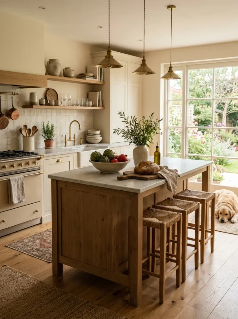 Charming kitchen interior with airy countertop decor warm lighting and natural textures