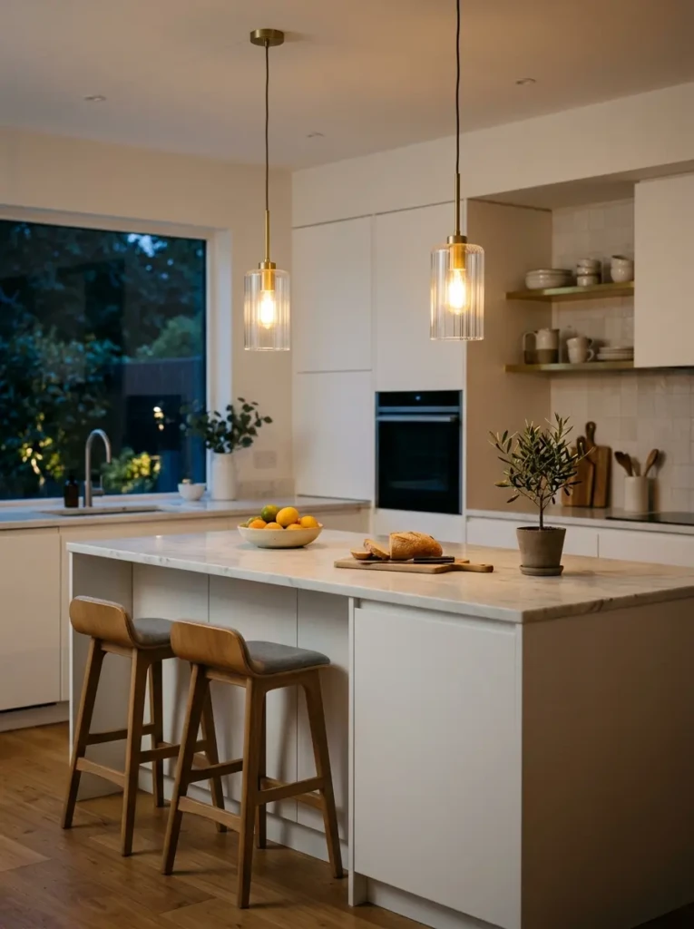 Modern minimalistic kitchen island with slim pendant lights, warm bulbs, white cabinetry, and cozy evening glow.