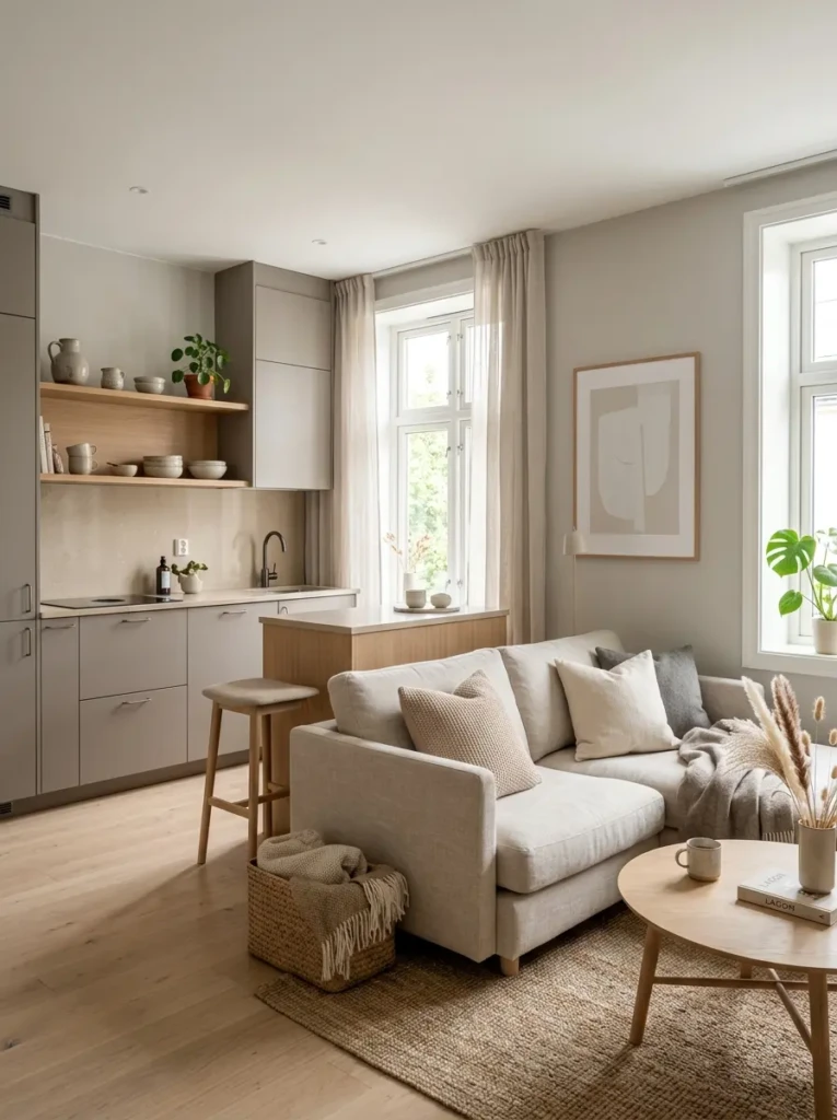 Small open concept kitchen living room in soft beige and cream tones with a cozy sofa and seamless design