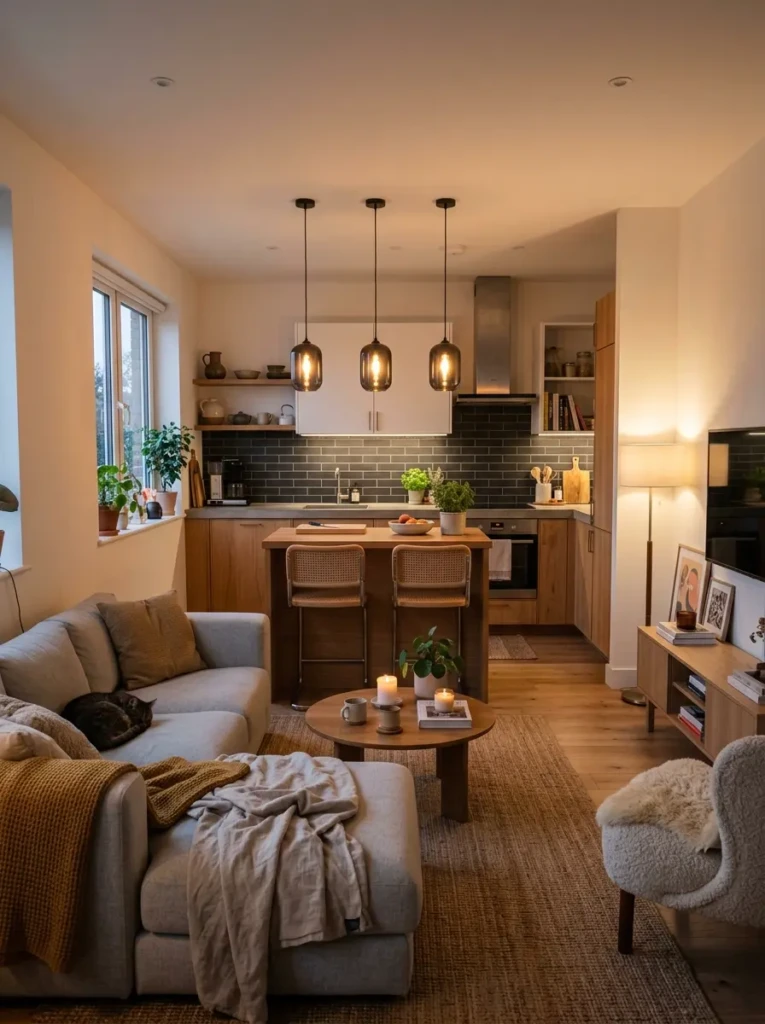 Small open concept kitchen with pendant lights over island and cozy living space