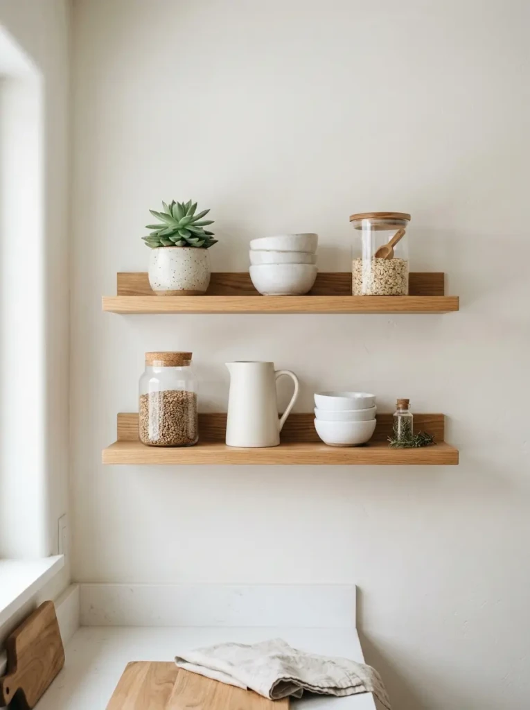 Minimalistic kitchen with wooden open shelves, white bowls, glass jars, a small plant, and simple pitcher.